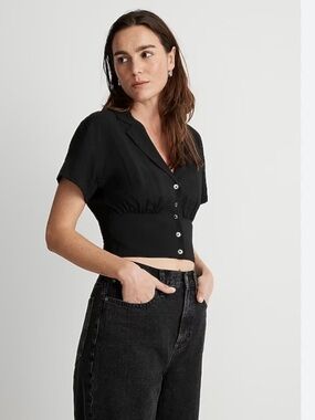 Madewell Black Short-Sleeve Banded Button-Down Top